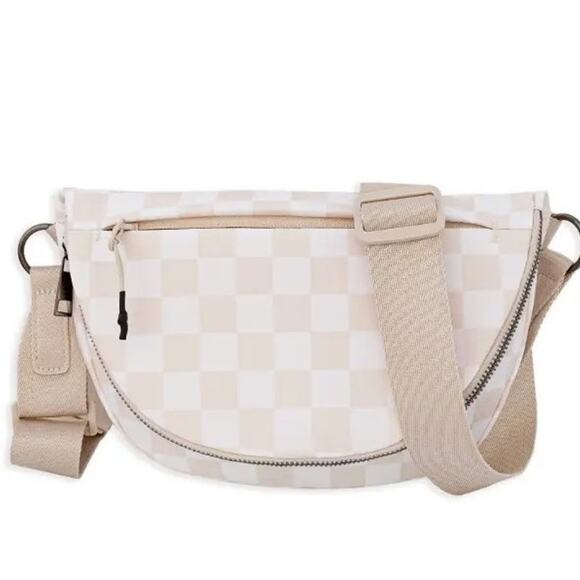 Checkered Nylon Fanny Pack Sling Bags Cream Beige - Picture 1 of 3